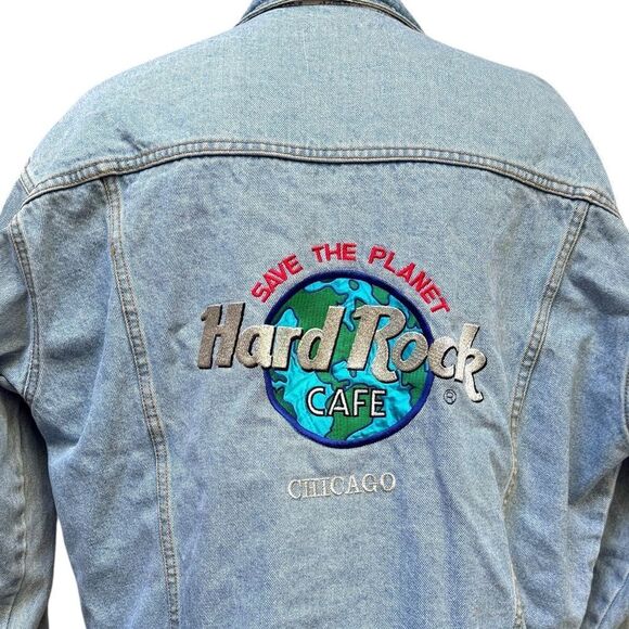 Vtg 1990's Hard Rock Cafe CHICAGO Save the Planet Denim Jacket size XL XLarge - Picture 2 of 15